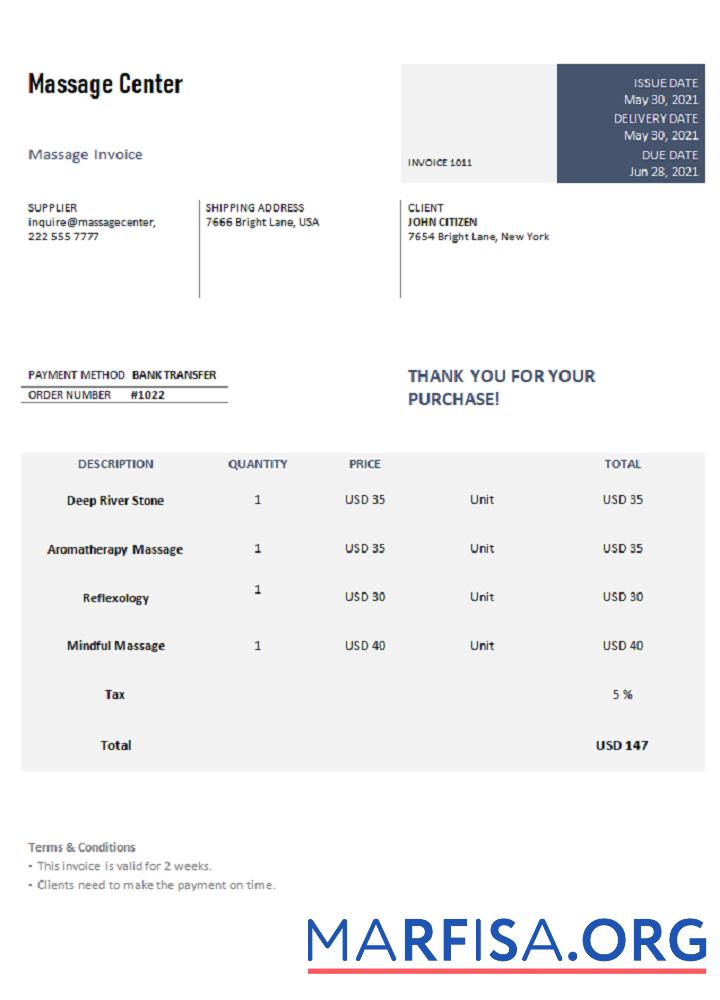 Realistic USA Massage Center invoice example